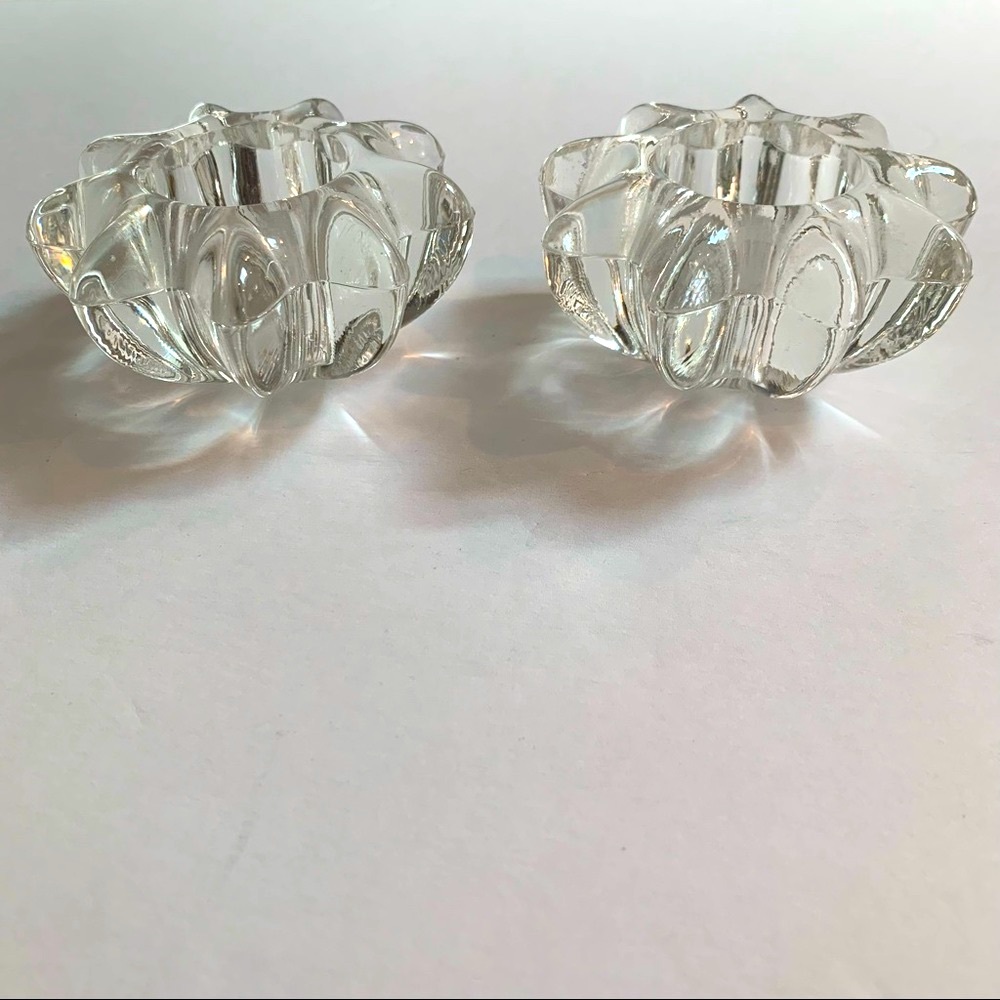 2 Heavy clear glass star flower candle holders 3 1/2” wide